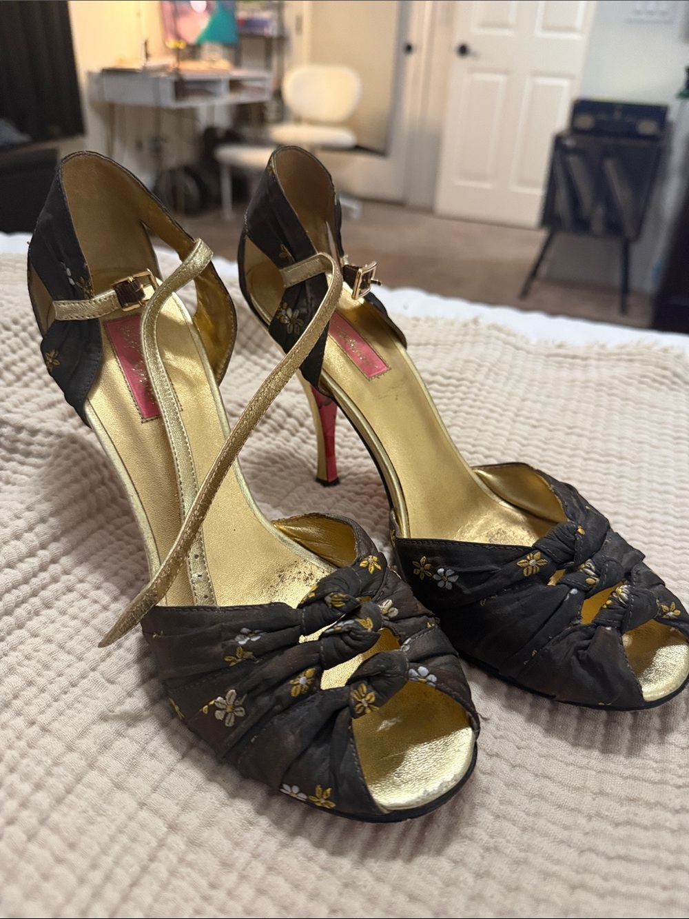 Betsy Johnson Gold and Brown Floral Peep-Toe High Heels